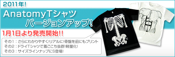 2011年！AnatomyTシャツ　バージョンアップ！1月1日より販売開始 バージョンアップ その1：さらにわかりやすく！リアルに！骨盤を前にもプリント その2：ドライTシャツで着ごこち抜群！軽量化！ その3：サイズラインナップにS登場！